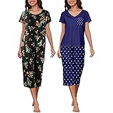 HONG HUI 2 Pack Womens Pajamas Set Short Sleeve Sleepwear Tops and Capri Pants Pjs Summer Loungewear Pj Sets S-3XL