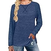 JomeDesign Long Sleeve Shirts for Women Crew Neck Sweatshirts Lightweight Sweaters Side Split Loose Casual Blouses