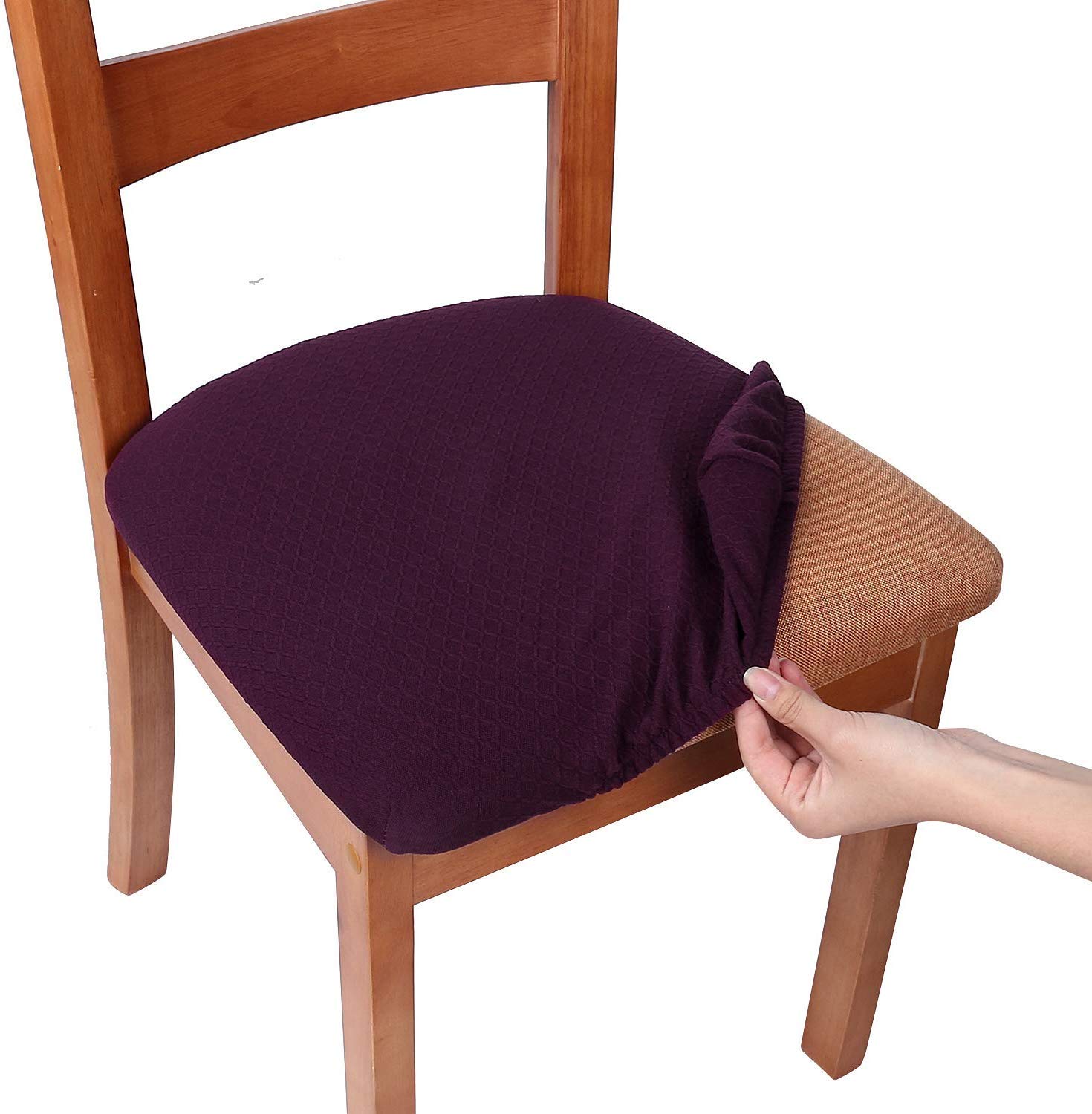 smiry Stretch Chair Seat Covers for Dining Room, Aubergine Set of 6 Jacquard Dining Chair Seat Protectors Chair Slipcovers