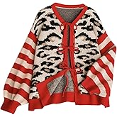 WDIRARA Women's Plus Size Leopard Tie Front Cardigan Sweaters Striped Long Sleeve Knit Outerwear