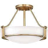 Hinkley Hathaway Three Light Medium Semi-Flush Mount, Heritage Brass w/Etched Glass