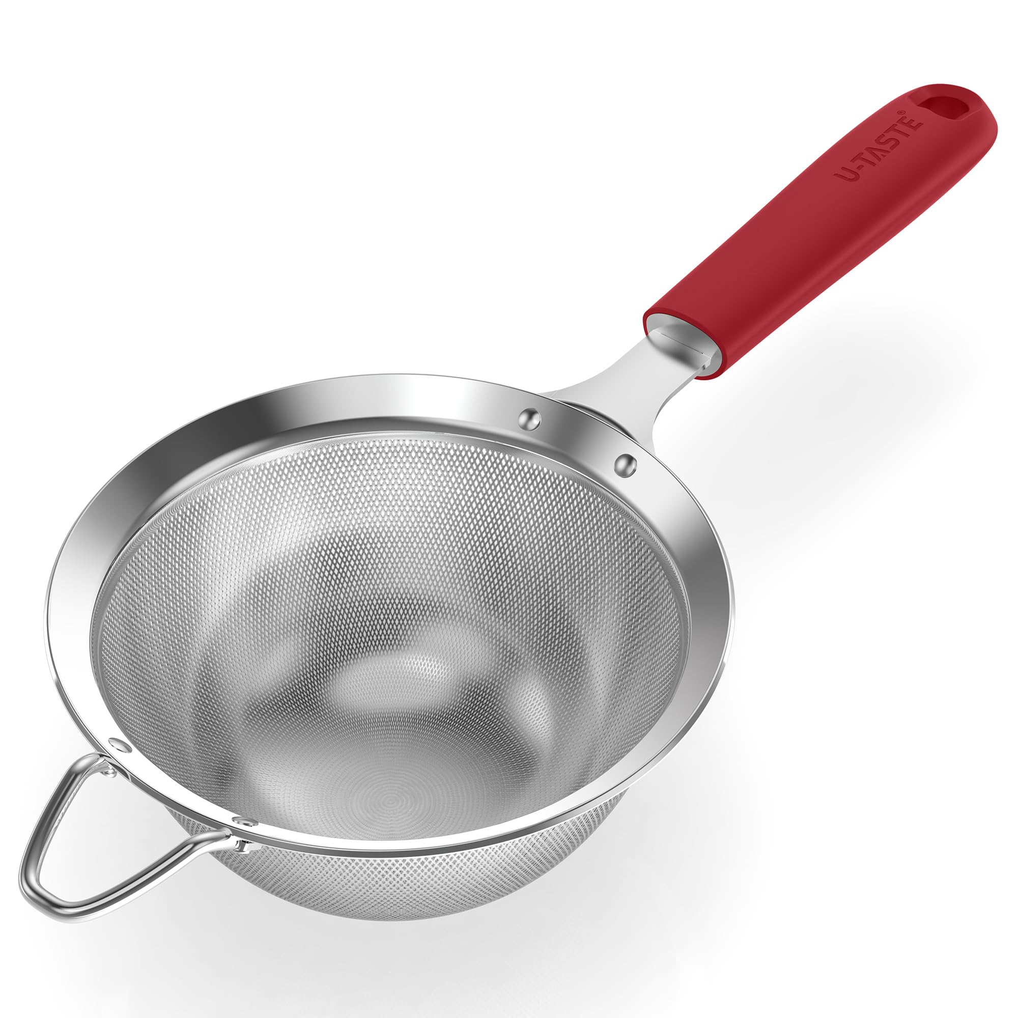 U-Taste Medium Fine Mesh Sieve: 18/8 Stainless Steel 12cm Kitchen Sieve and Strainer with Riveted Sturdy Silicone Handle, Great for Sifting Flour, Straining Tea, Rice, Quinoa (Red)