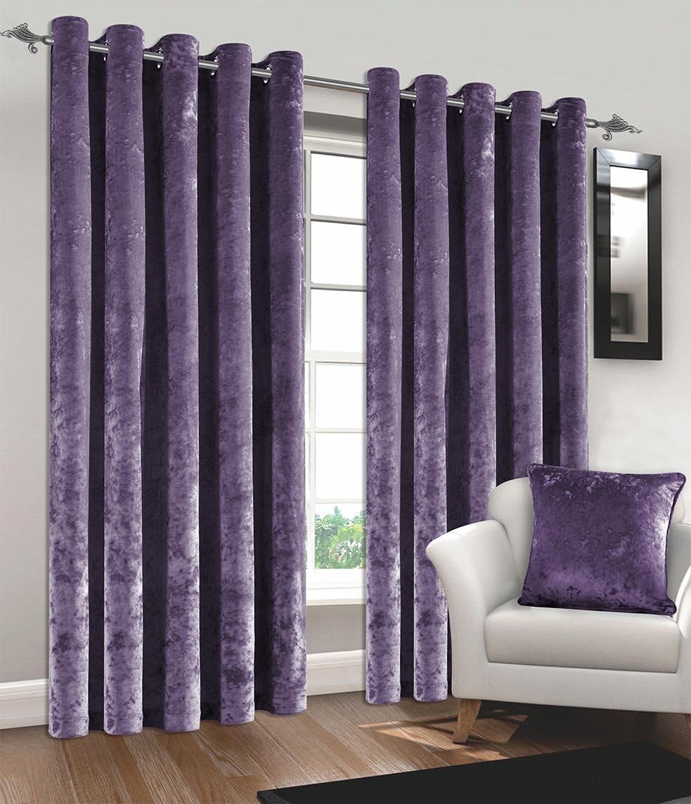 UAREHOME Crush Crushed Velvet Eyelet Ring Top Lined Curtains 90" x 90" (229 x 229 cm), Aubergine