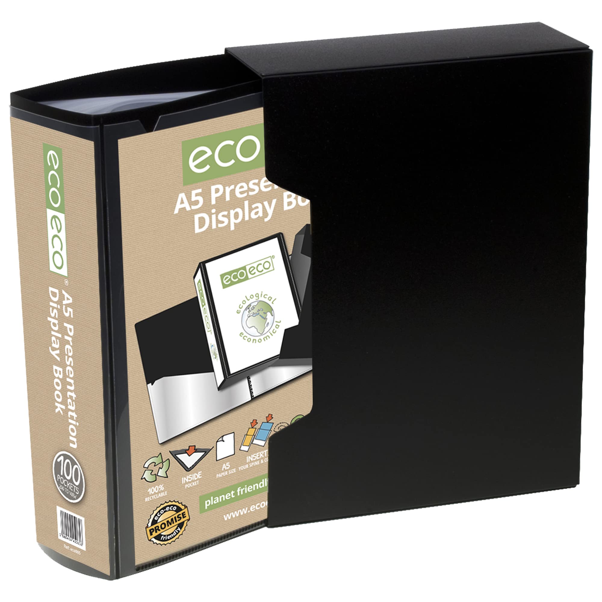 eco-eco A5 Size 50% Recycled 100 Pocket Black Presentation Display Book, Storage Case Portfolio Art Folder with Plastic Sleeves with Black Display Box