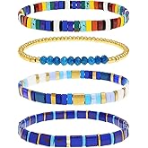 BXDA Rainbow Tila Flat Beads Bracelets Stack Set for Women, 4Pcs Trendy Handmade Gold Beads Blue Gemstone Colorful Stretch Miyuki Bracelet Outfit Accessories Jewelry Gift.