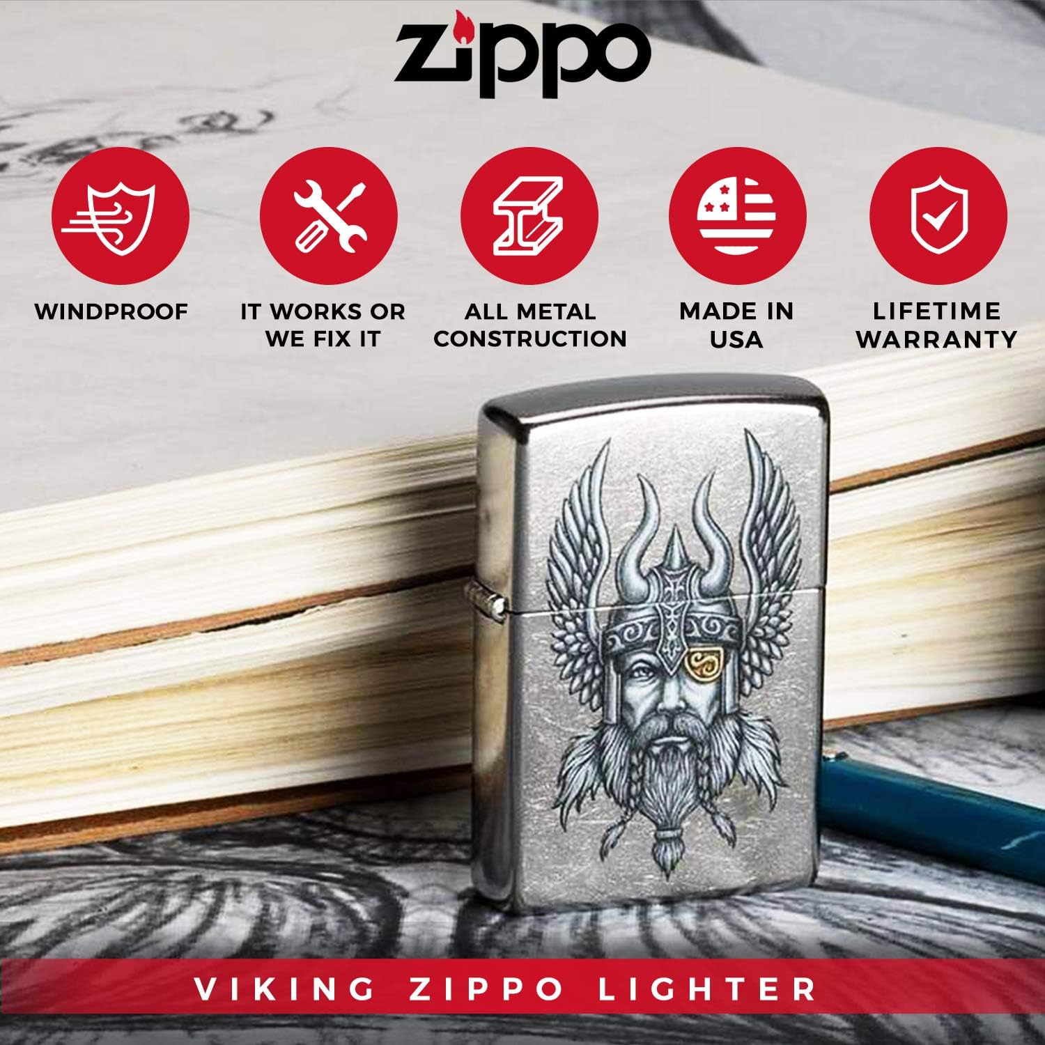 Zippo Viking Emblem Odin Brushed Chrome Amazon Co Uk Kitchen Home