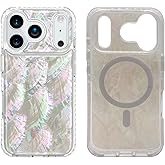 Magnetic Case for iPhone 17 Pro 6.3 inch Compatible with MagSafe Bling Shiny Real Seashell Pattern| Cute for Girls Women | Military Grade Dropproof | Protective Phone Cover | Beige Mother of Pearl