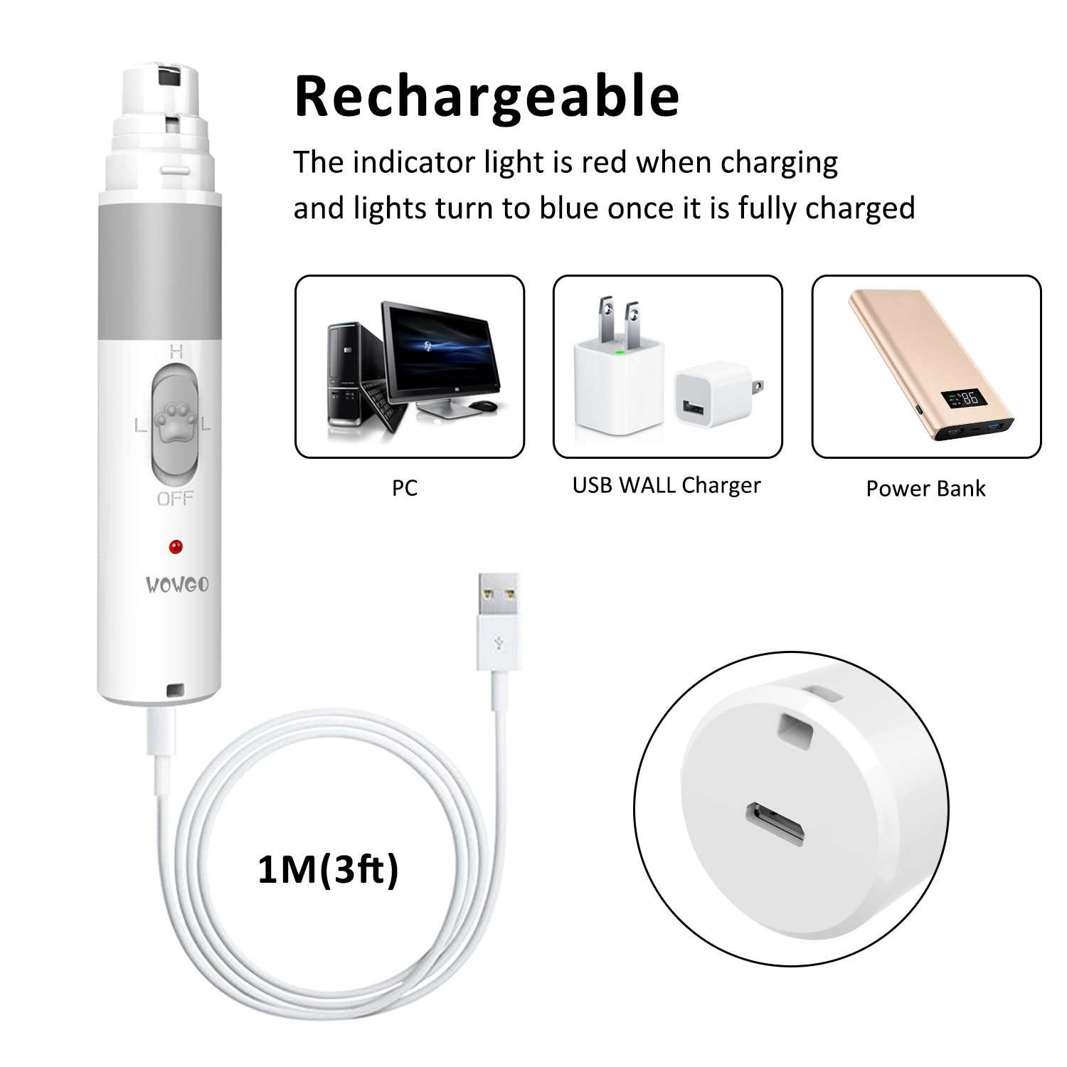 Pet Nail Grinder, WOWGO Rechargeable Electric Gentle Paws Nail Grinder Trimmer Clipper with USB Charging Cable for Dogs Cats Hamsters, Rabbits,Birds etc