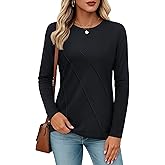 YUCOLEN Long Sleeve Shirts for Women Pleated Crew Neck Cotton T Shirts Solid Color Soft Casual Basic Tees Fall Trendy Tops