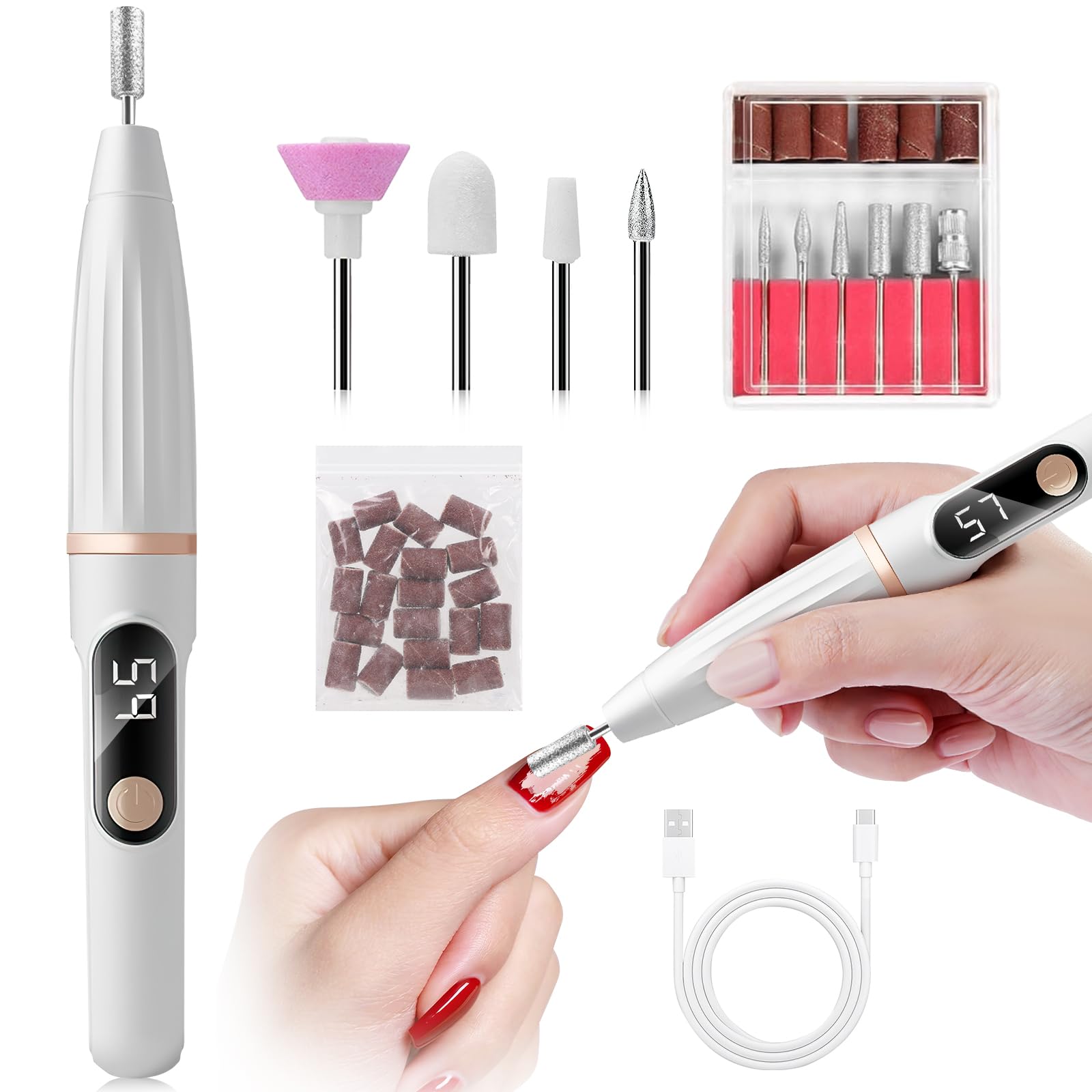 YAMOOCO ネイルマシン 電動ネイルマシーン コードレス 11 点セット（ドリル 10 個付） 5 段階スピード調整 正逆回転 ジェル除去/甘皮処理/爪磨き/ネイルケア全対応 USB 給電 家庭用 初心者 セルフオフサロン適合商品画像