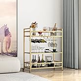 LORMITER Bar Cart Gold with Bottle Storage and Wine Glass, Rolling Serving Bar Cart on Wheels Indoor & Outdoor, Patio, Gold K
