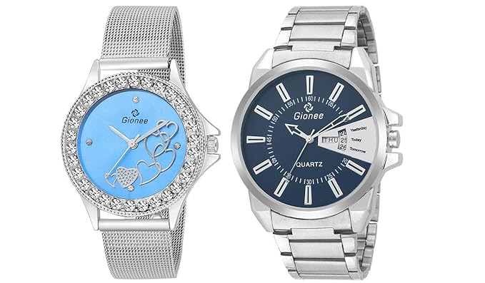 Analog Blue Round Dial Casual Pair of Two Wrist Watch in Silver Case and Chain