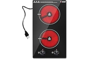 KOXKING 12 Inch 2 Burner Electric Cooktop, 1800W Ceramic Electric Stove Top, 120V Plug-in Radiant Countertop & Built-in Cooktop, 11 Heat Levels, Knob Control, Residual Heat Indicator