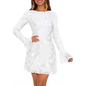 MEROKEETY Women's Floral Mesh Wedding Guest Cocktail Party Dress | Ruffled Long Sleeve, Bodycon, Boat Neck, Fit and Flare, Mi
