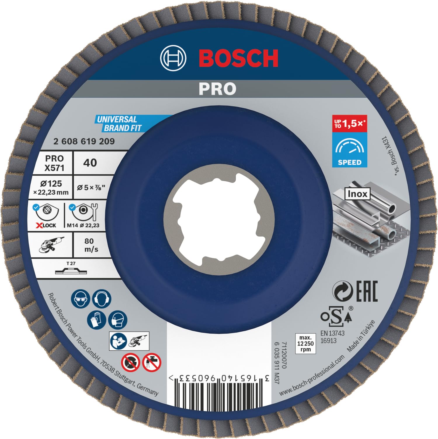 Bosch Professional 1x Straight Flap Disc Best (for Metal, X-LOCK, X571, Diameter 125 mm, Grit Size K40, Bore Diameter 22.23 mm, Accessories for Angle Grinders)