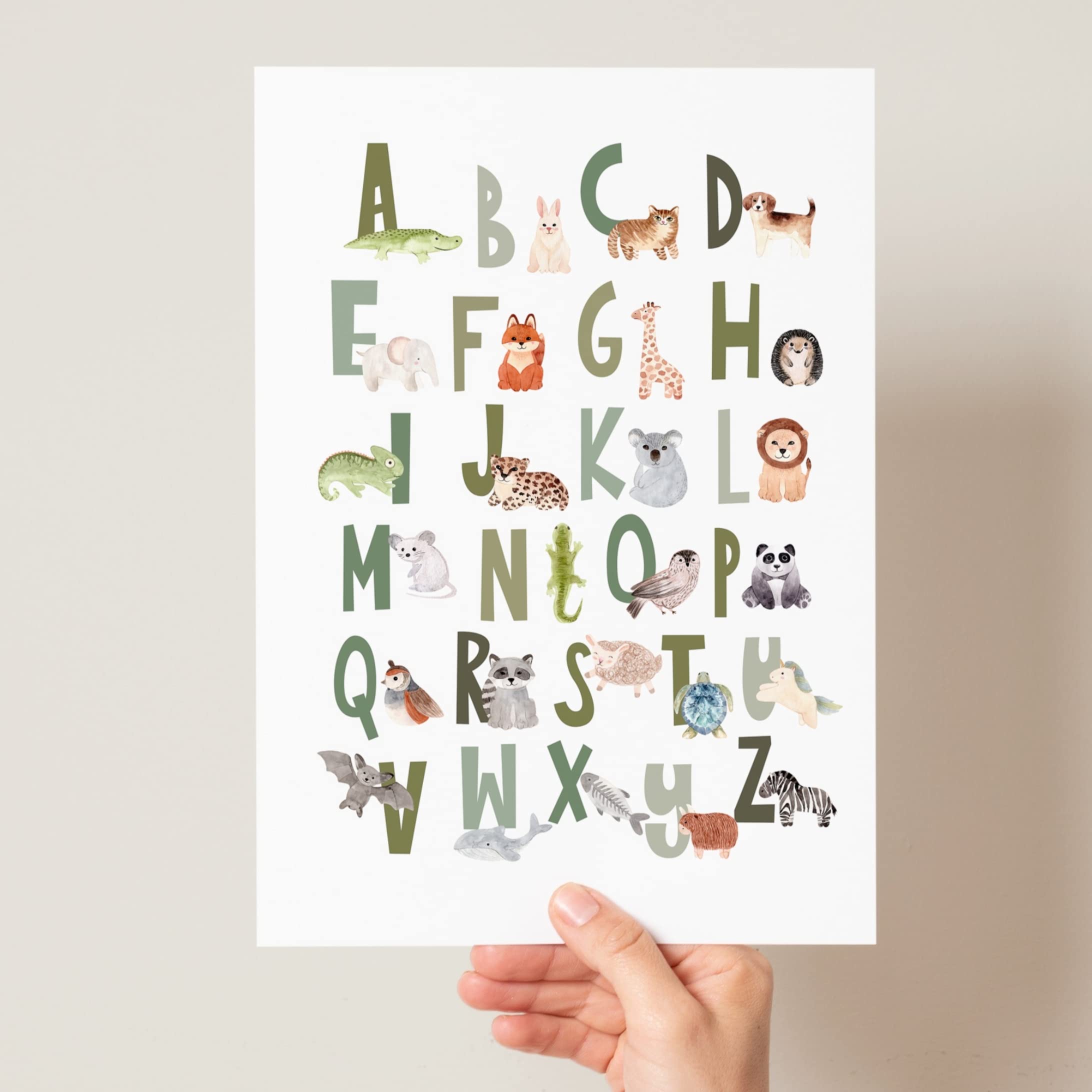 Scandi Animal Alphabet, Children's Educational Print, Boho Animal Alphabet Poster, Peg Animal Alphabet, Woodland Safari Animal Alphabet (A3, Greens) โ image 1