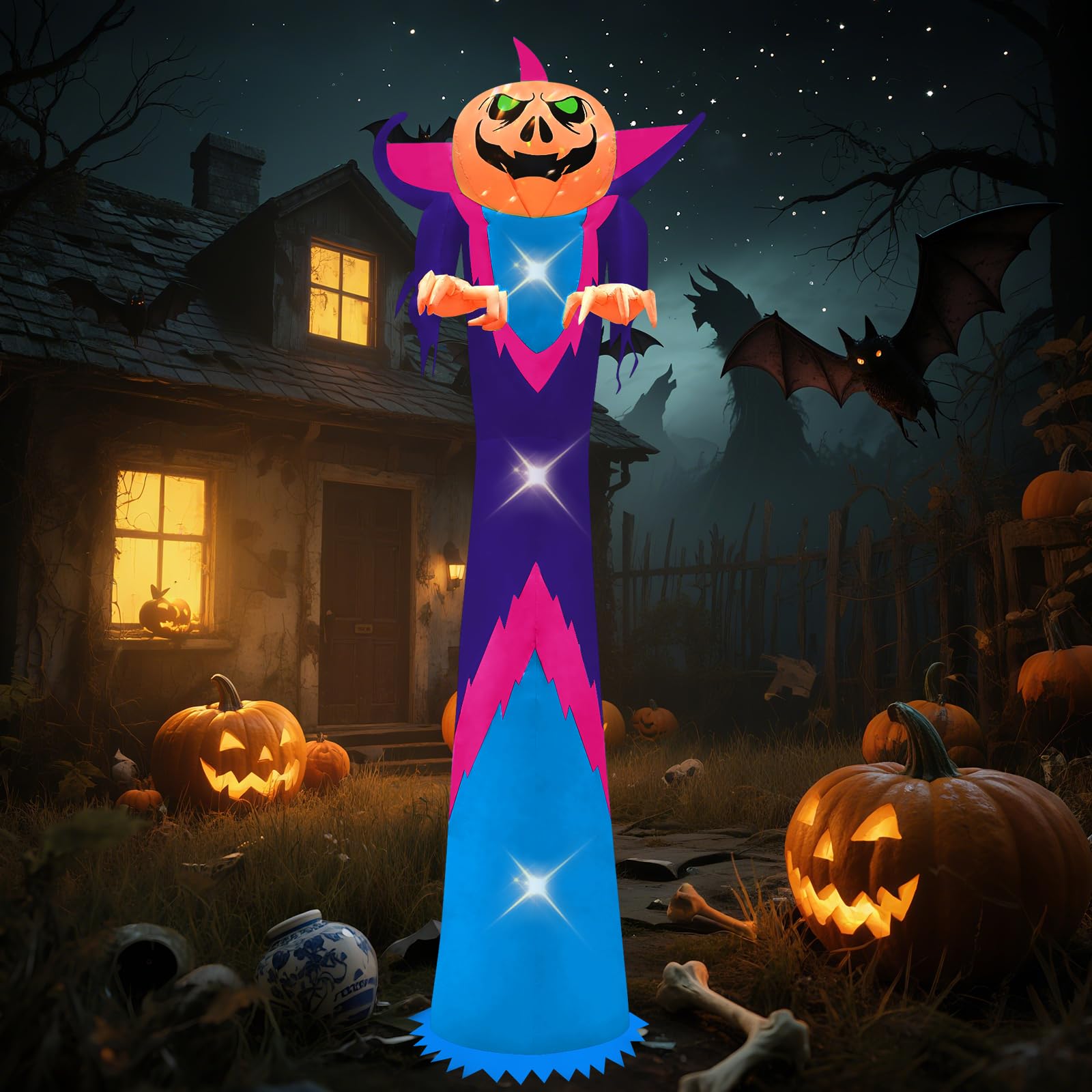Photo 1 of DAHAKII 12ft Tall Giant Halloween Pumpkin Ghost Outdoor Inflatable Decoration with LED Lights Yard Blow up Decor Inflatables for Halloween/Yard/Lwan/Garden (12ft Purple Pumpkin)