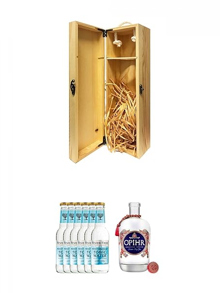 1a Whisky Holzbox für 1 Flasche mit Hakenverschluss + Fever Tree Mediterranean Tonic Water 6 x 0,2 Liter + Opihr Oriental Spi