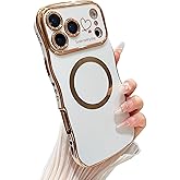 DEFBSC Magnetic for iPhone 17 Pro Case [Full Camera Protection][Fit for Magsafe] Cute Curly Wave Frame Love Heart Case, Plating Soft Durable TPU Shockproof Phone Case, White