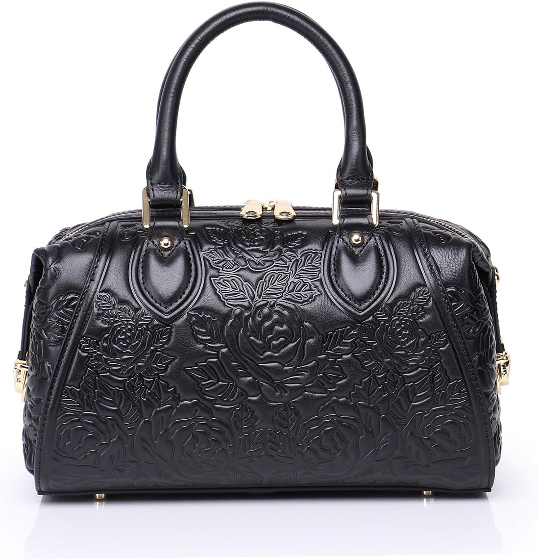APHISONUK Designer Unique Embossed Floral Header Layer Cowhide Tote Style Ladies Top Handle Bags Handbags (Black)