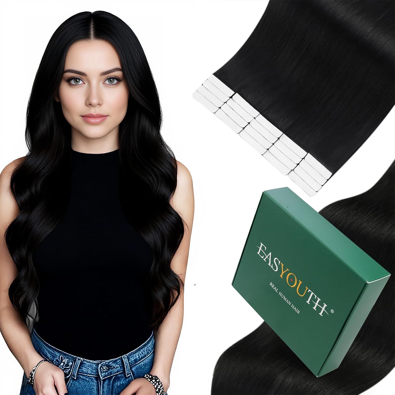 Easyouth Tape in Extensions Human Hair Jet Black Tape in Hair Extensions Real Human Hair Black Human Hair Extensions Tape in Natural Look 14 Inch 40g 20Pcs #1 — image 1