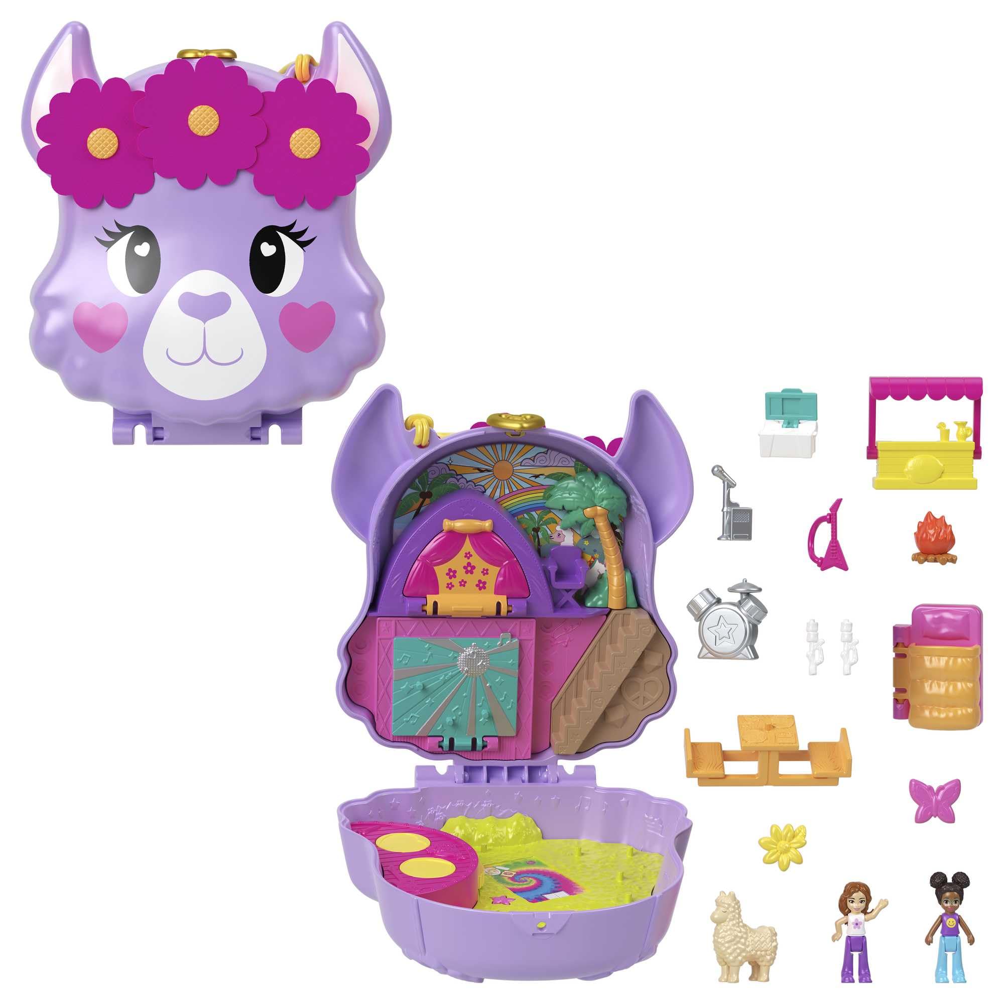 Polly Pocket Mini Toys, Camp Adventure Llama Compact Playset with 2 Micro Dolls and 13 Accessories, Pocket World Travel Toys with Surprise Reveals, HKV33
