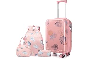 Somago 4 Piece Kid's Luggage with Backpack Set for Boys Girls Spinner 18" Hardside PC Rolling Carry on Suitcase with TSA Lock (Seashell Pink)