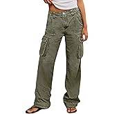 Flamingals Wide Straight Leg Cargo Pants for Women Mid Waist High Stretchy Vintage Solid Multi Flap Pocket Long Work Pants