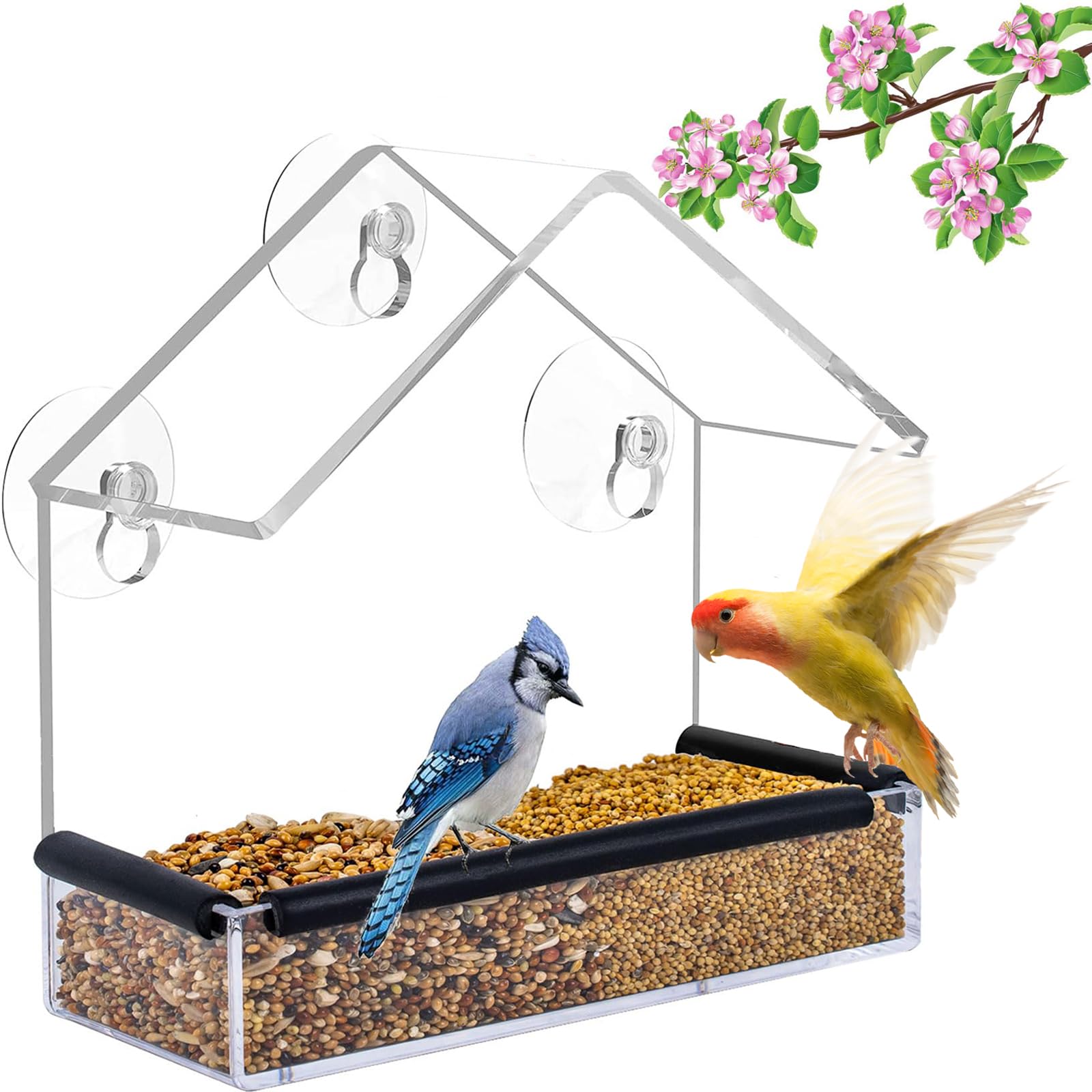 NEKOSUKI Window Bird Feeder with Strong Suction Cup, Clear Arcylic Bird House with Rubber Strips for Window Viewing Wild for Small Birds Only, Outside Window Bird House Feeder