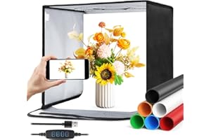 Photo Light Box 12 inch, Photography Lighting Tent Studio Kit with 3-Color Temperature Dimmable LED Light, 6 Colors Backdrops