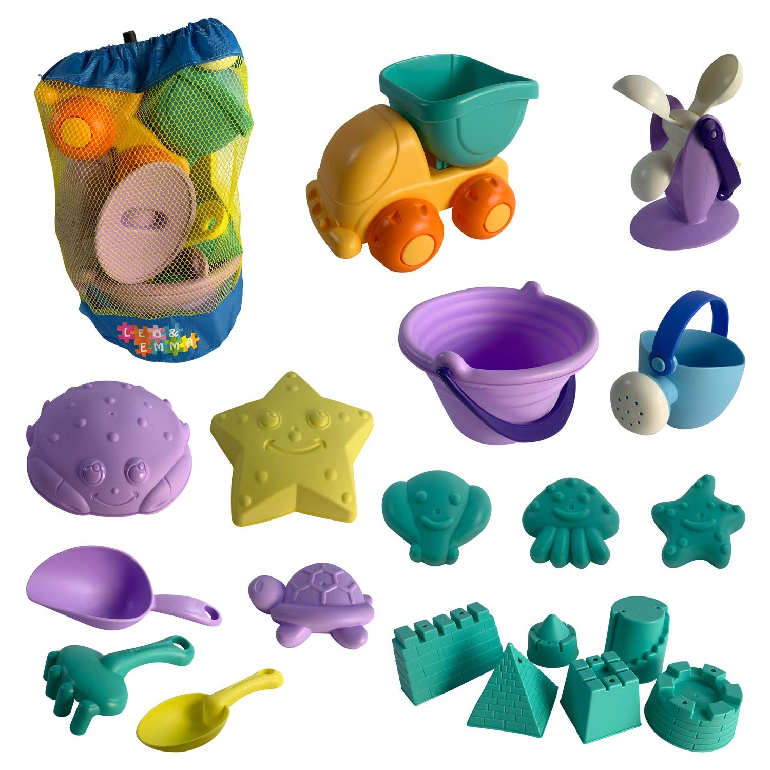 Leo & Emma Beach toys, 20 pieces, truck, bucket, watering can, water wheel, many sand molds made of robust TPU material. For the beach, bathroom, garden or sandbox (Set 2)