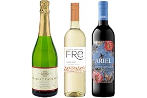SAWTOOTH Non Alcoholic Wine 3 Pack Fre Moscato, Chateau De Fleur Champagne and Ariel Cabernet Sauvignon Holiday Dinner Pairing Gift Ideas Sampler Pack