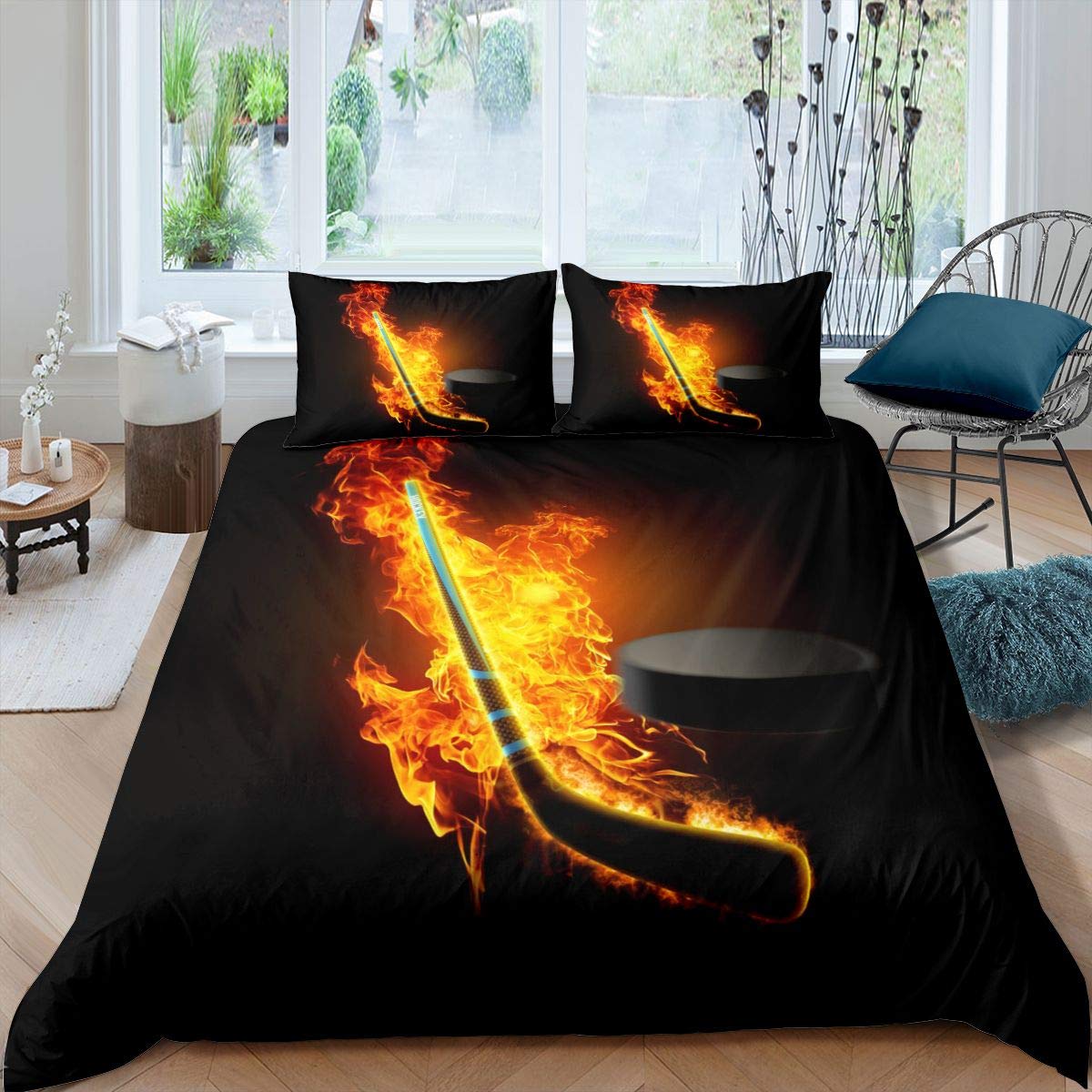 Loussiesd Ice Hockey Duvet Cover Hockey Player Comforter Cover Sports Game Event Bedding Set For Kids Adults Winter Sports Bedspread Cover Ultra Soft Room Decor Double Size Bedclothes Zipper