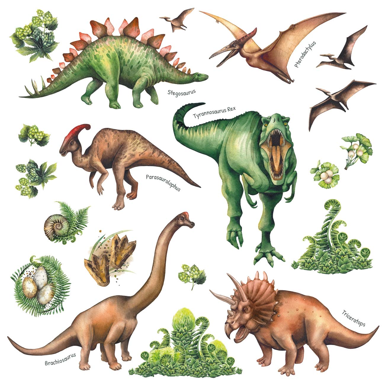DECOWALL Watercolour Dinosaur Wall Stickers – Removable Peel & Stick Dino Wall Decals for Kids Bedroom, Nursery & Playroom Decor (DS4-8034)