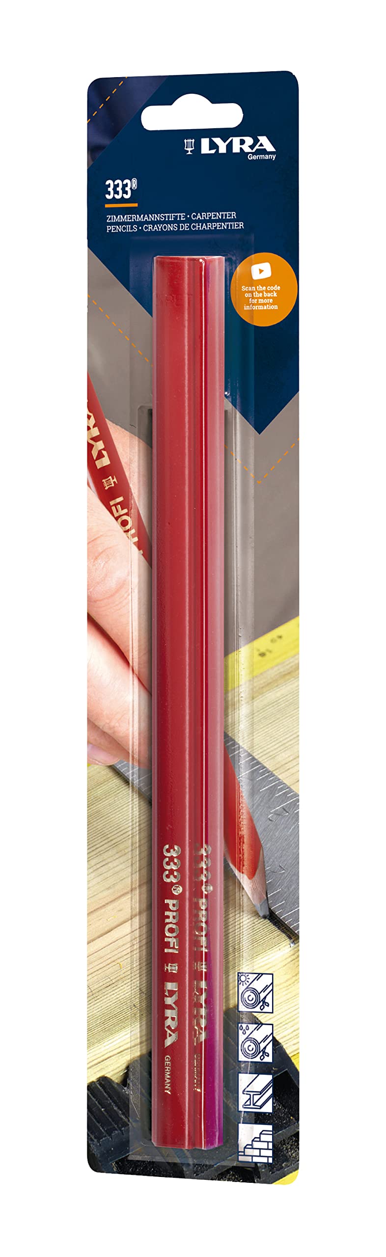 Lyra L4338006, LYRA Carpenter's Pencil 333 Oval 30 cm Long, Professional Design, Ideal for Marking on Wood, Pack of 3 in Blister Packaging