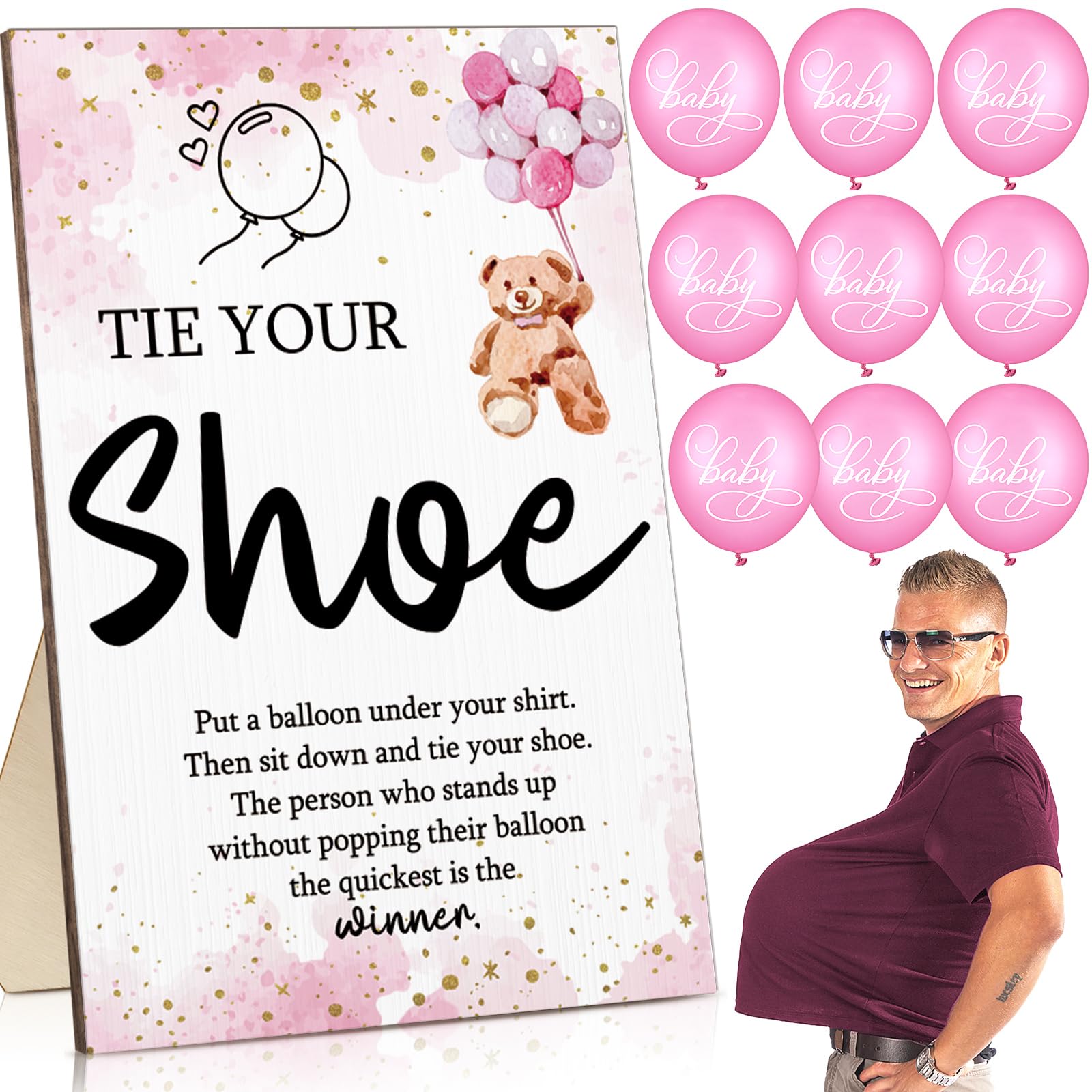Photo 1 of Roowest 51 Pcs Tie Your Shoe Baby Shower Game Sign Wooden Sign Greenery Gift Sets Gender Reveal Party Favors 50 Balloons Latex Balloons for Game Supplies(Pink,Bear)