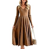 Saodimallsu Womens Long Sleeve Midi Sweater Dress Wrap V Neck Pleated A Line Fit Flare Elegant Knit Maxi Dress