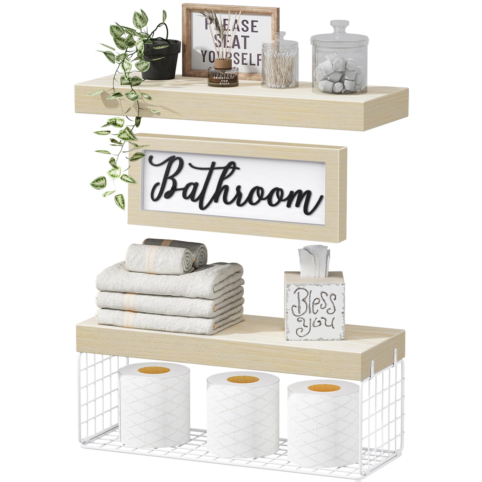 QEEIG Bathroom Shelves Over Toilet - Paper Storage Wall Mounted Farmhouse Decor Decorations Aesthetic Décor Sign Small Floating Shelf 2+1 Set 16 inch, Natural (020NW) Image QEEIG Bathroom Shelves Over Toilet - Paper Storage Wall Mounted Farmhouse Decor Decorations Aesthetic Décor Sign Small Floating Shelf 2+1 Set 16 inch, Natural (020NW) Image