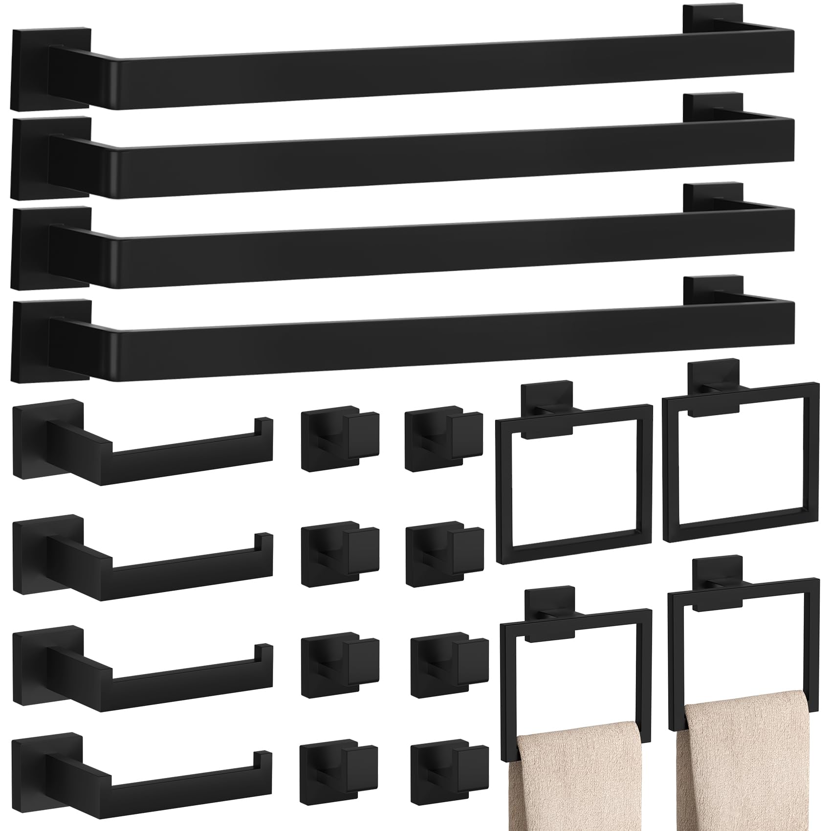 Photo 1 of 20-Piece Matte Black Bathroom Accessories Set – 23.6" Towel Bar, Towel Ring, Toilet Paper Holder & Hooks, Wall Mounted Bathroom Hardware, Rust & Corrosion-Resistant, Ideal for Modern Bathrooms