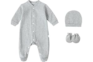 FITFIFTH POD Baby Rompers 0~3 to 3-6 Months 100% Cotton Footies 3PCS Jumpsuit with Solid Hats Mittens Gloves