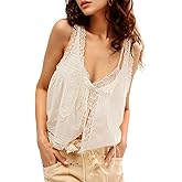 Wyeysyt Women Lace Trim Tank Tops Summer Flowers Boho Semi Sheer Tie Button Front Tops Sleeveless Mesh Going Out Cami Shirt(Beige-XL)