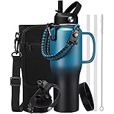 32 OZ Insulated Water Bottle Tumbler - with Straw & Spout Lid, Paracord Handle, Stap Carrying Case, Cold-48H & Hot-24H, Stainless Steel Tumblers with Handle, Slim Water Bottle that Fits in Cup Holder