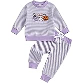 KtwHarnu Toddler Baby Boy Girl Halloween Outfit Pumpkin Ghost Embroidery Striped Waffle Sweatshirt and Pants Set Fall Clothes