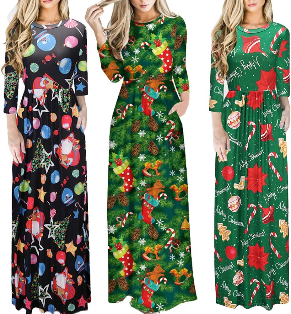 Christmas Decoration,Women Floral Print Long Sleeve O-Neck Tight Waist Maxi Dress Christmas Costume - 10 S