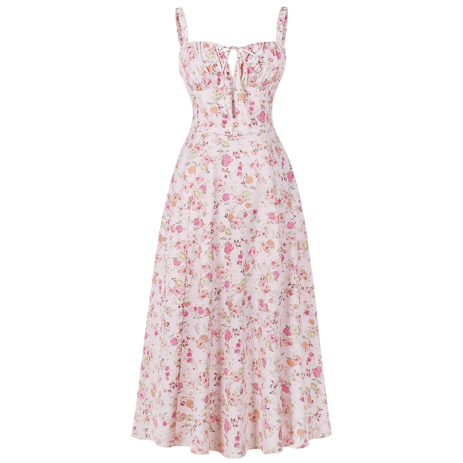 Photo 1 of (USED/FAIR) ABEHIK Summer Dress for Women 2024 Floral Corset Dress Boho Flowy Slit Bustier Lace Up Midi Dresses Going Out A Line Casual Sundress Adjustable Spaghetti Straps Bodycon Pink Purple L