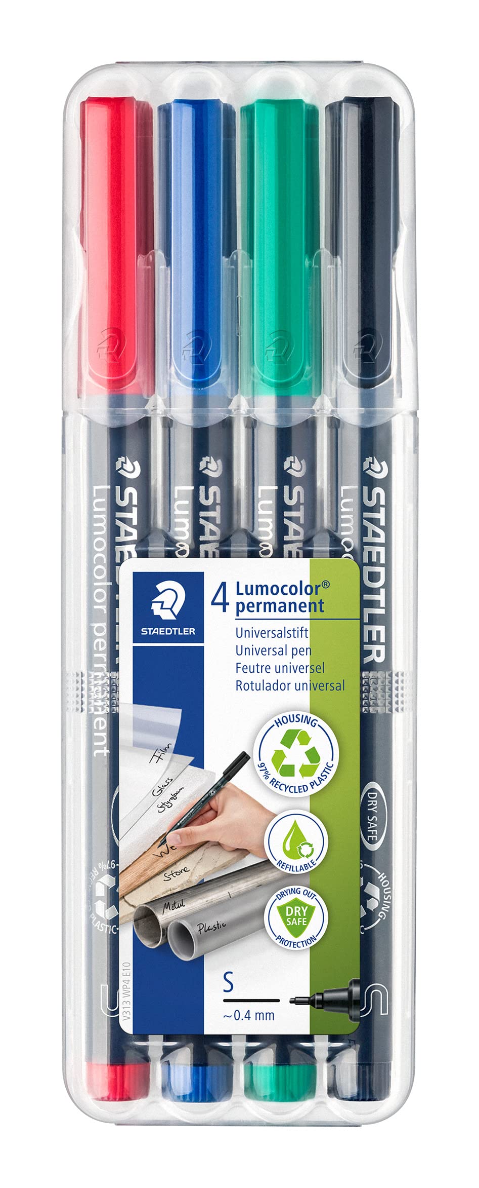 STAEDTLER 313 WP4 Lumocolor Permanent Pen, Superfine Line Width, 0.4mm - Assorted Colours (Pack of 4)