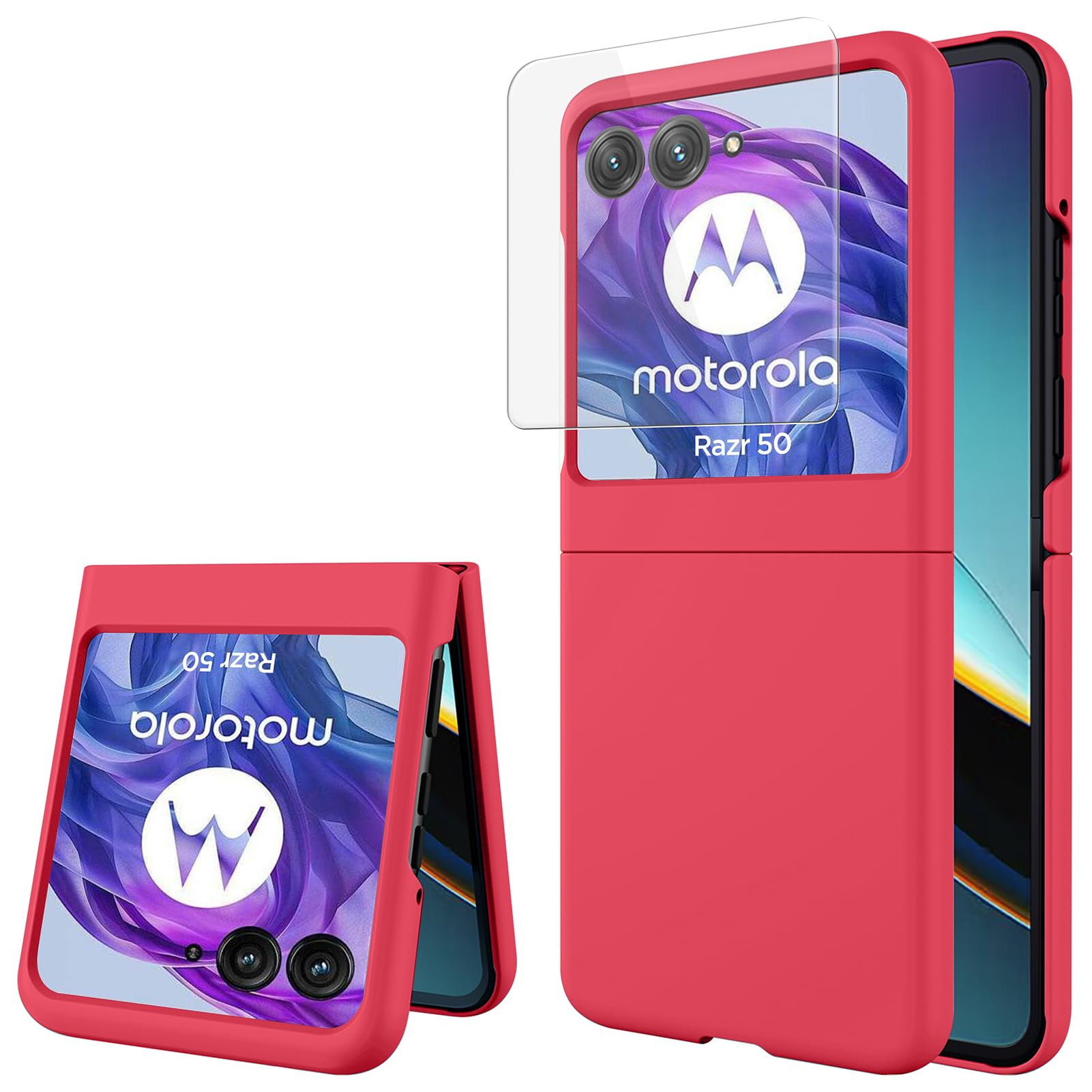 Miimall Compatible with Motorola Razr 50 Screen Protector case, [Built-in Tempered Glass Film] Hard PC Ultra Thin Shockproof Frosted Skin-Friendly Bumper Protective Cover for Moto Razr 50, Red