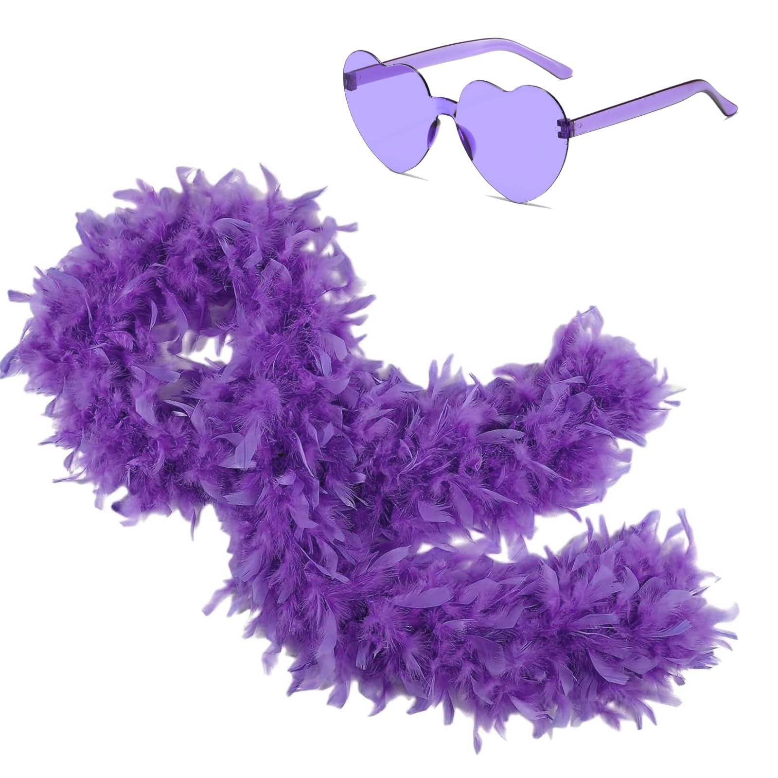 Ceboic Colorful Feather Boas 2M Fluffy Feather Boa with Heart Rimless Sunglasses Natural Turkey Feather Scarf Fancy Dress Accessories for Women Girls Dancing Wedding Cosplay Halloween Christmas Party