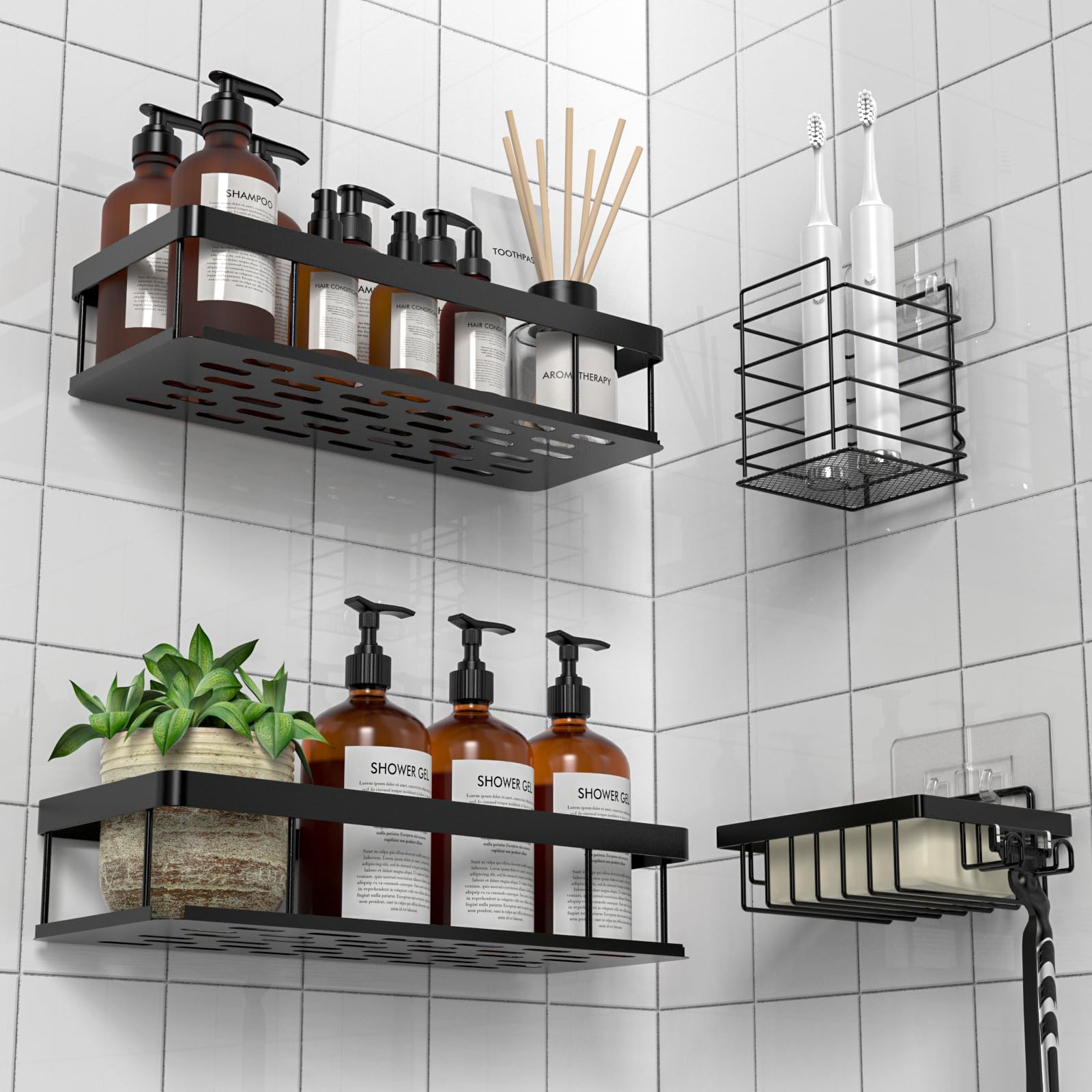 UUlioyer Shower Caddy, Waterproof, Shower Shelf No Drilling, Bathroom Storage for Shampoo, Black (with soap dish and toothbrush holder)