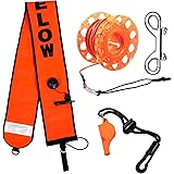 5ft Scuba Diving Surface Marker Buoy (SMB), Safety Sausage with Plastic 98ft Finger Spool Reel and Double Ended Hook Clip + E